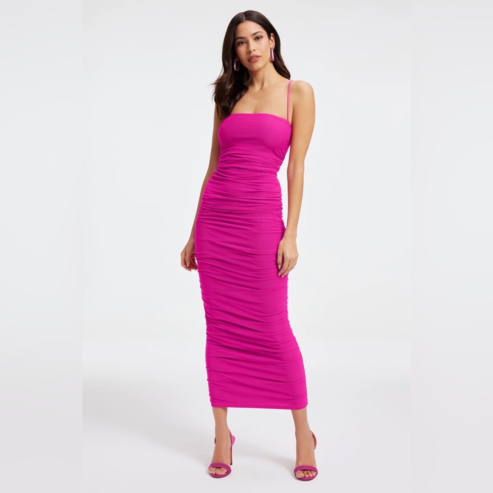 NWT Good American fuchsia pink ruched body con midi dress Size Small (1)
